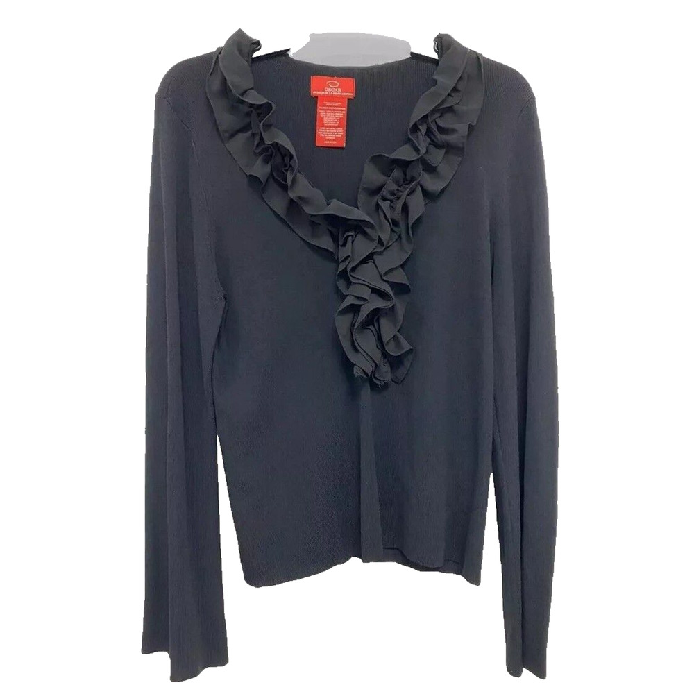 Oscar de la Renta Top Blouse Black Bell Sleeve Tie Neck Career Work XL A000617